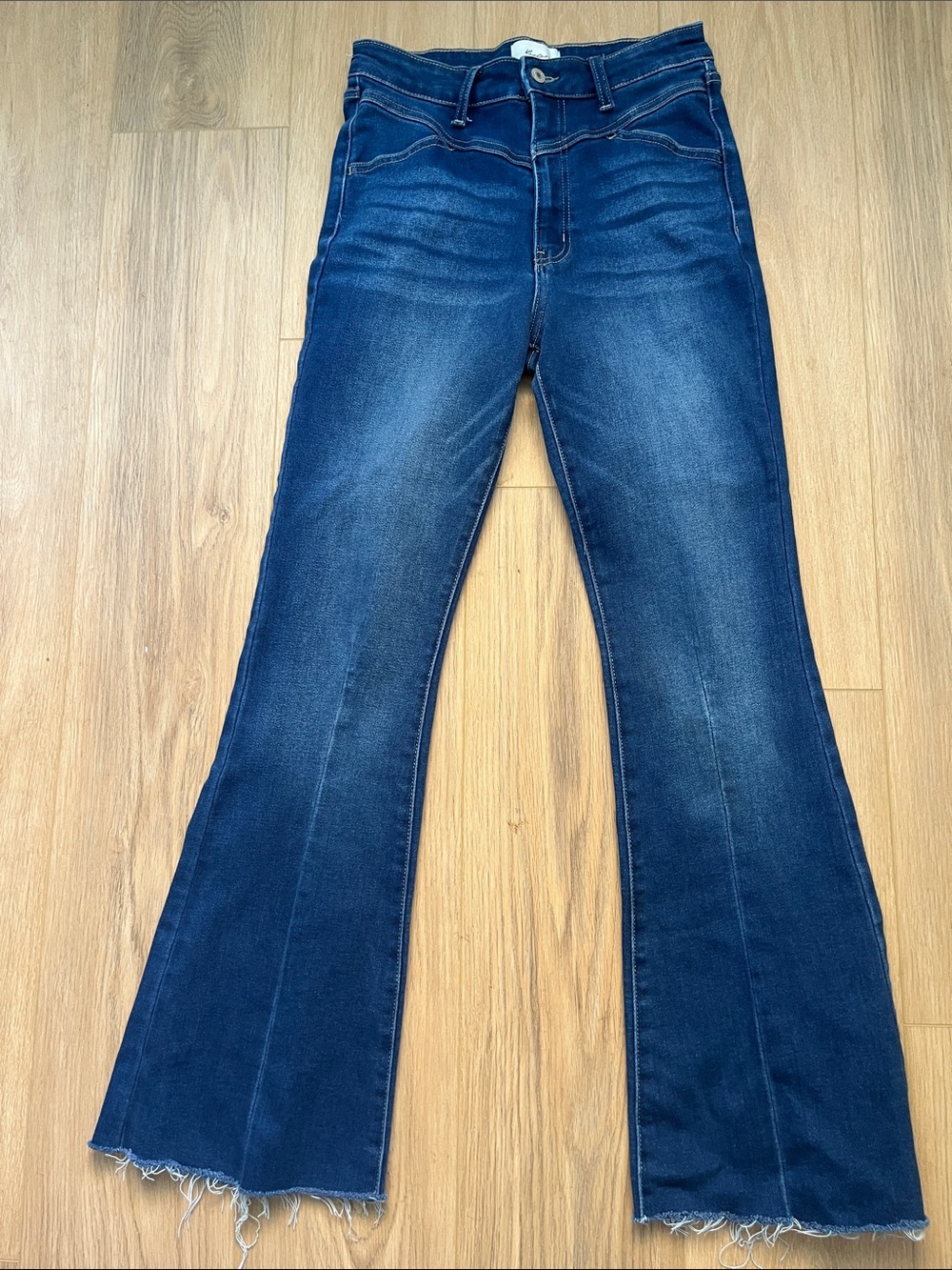 EUC KanCan Dark Indigo High-Rise Flare Jeans with Frayed Hem